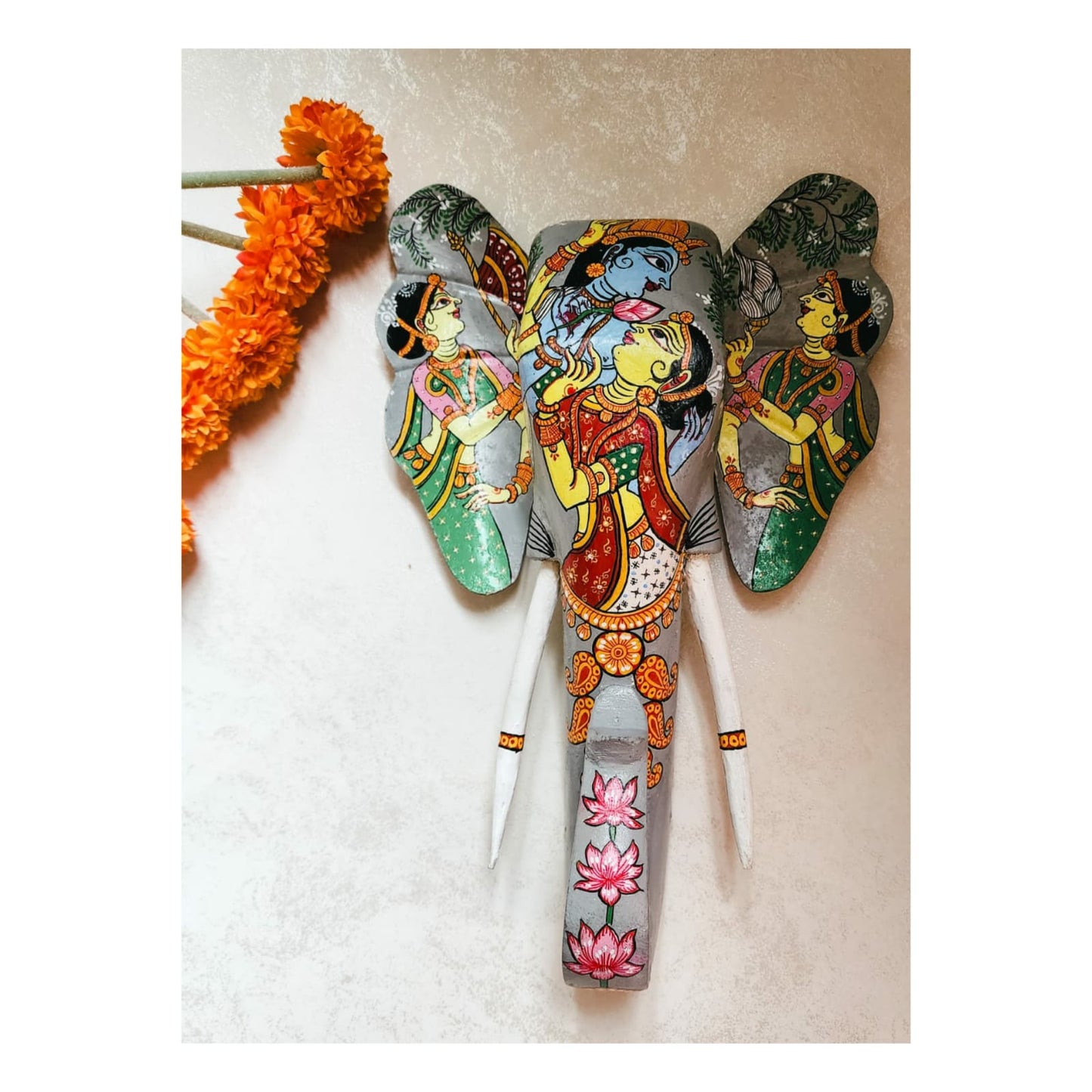 Radha Krishna Raas handpainted  Wooden Grey Long Tusks Elephant Head