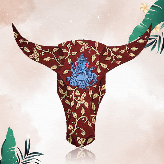 Handpainted Kalamkari Pattern with Pattachitra Ganpati on Bull Head