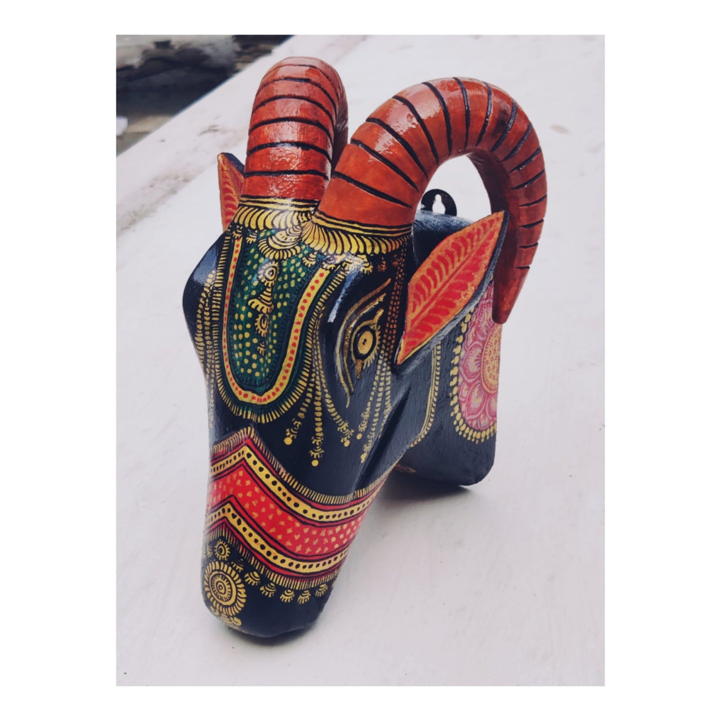 Decorated Hand painted Pattachitra Black Wooden Ram Head